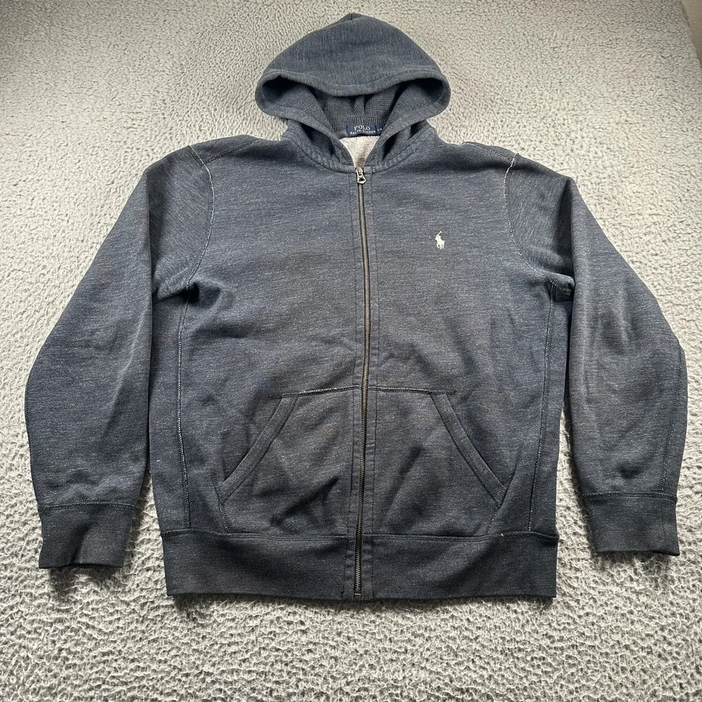 Polo Ralph Lauren Hoodie Mens L‎ Blue Full Zip Cotton Fleece Logo Heavyweight